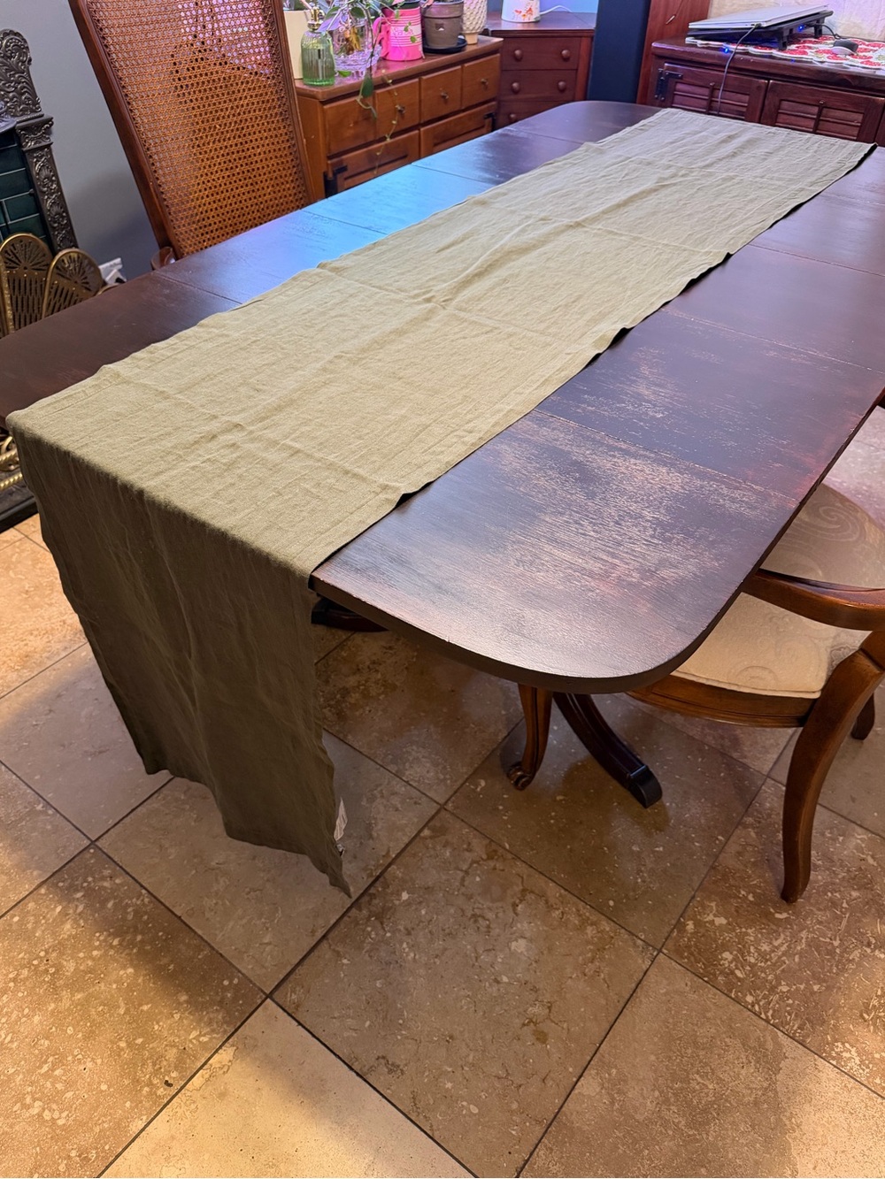 Crate & Barrel Desert Green Table Runner European Linen quiet luxury 18x120